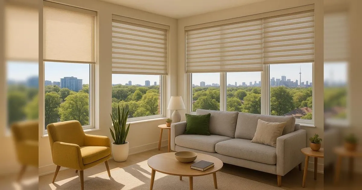 A living room with custom banded shades installed by Kaydzen
